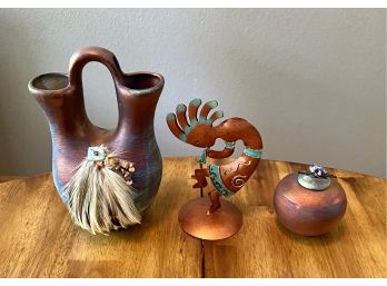 (2) Raku Pottery Pieces With Small Kokopelli Figurine