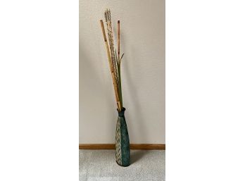 Decorative Turquoise Metal Vase With Faux Bamboo