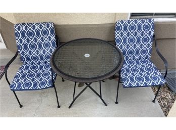 Patio Set Including Foldable Round Table With Glass Top & 2 Solid Metal Chairs With Cushions