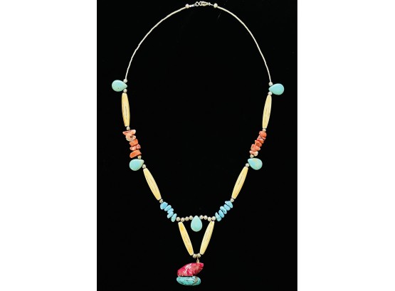 Faux Turquoise, Real Turquoise, Bone, & Coral Necklace With Sterling Silver Clasp