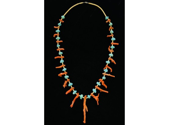 Raw Turquoise And Coral Necklace, With Sterling Clasp