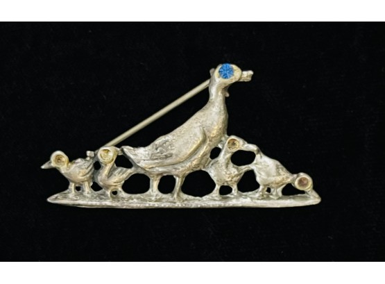 1930s Era Sterling Silver Mother And Ducklings Pin With Stone Or Glass Eyes