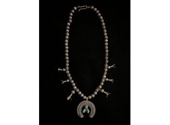 Old Pawn Sterling Silver And Turquoise Squash Blossom Necklace