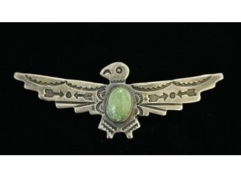 Old Pawn Sterling Silver Thunderbird Brooch With Green Stone Cabochon