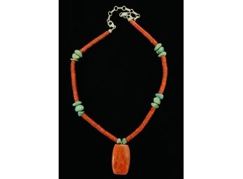 Coral And Turquoise Necklace With Sterling Silver Choker And Clasp