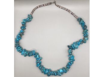 Raw Turquoise Necklace With Shell Heishi Beads And A Sterling Silver Clasp