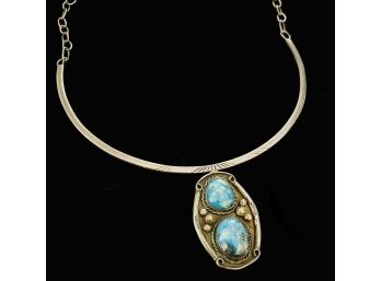 Sterling Silver Collar Necklace With Central Turquoise Pendant Design And Adjustable Chain Closure