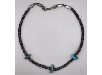Turquoise And Seashell Heishi Beads Necklace With Sterling Silver Clasp
