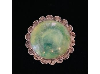 Mexico Sterling Silver Green Polished Stone Brooch