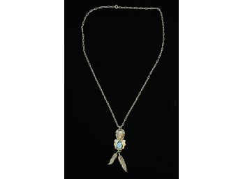 .925 Sterling Silver Chain Necklace With A Turquoise And Sterling Silve Buffalo Pendant With Feather Charms