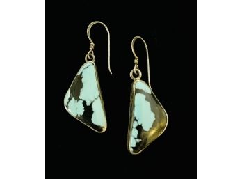 Signed Sterling Silver And Unusual Turquoise Triangular Drop Earrings