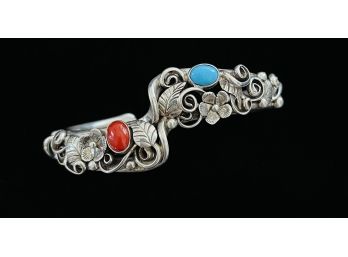 Navajo Made Coral And Sleeping Beauty Turquoise .925 Sterling Silver Floral Cuff Bracelet.
