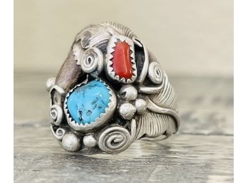 Richard Begay VM Stamped Sterling Silver Turquoise, Coral And Bear Claw Ring