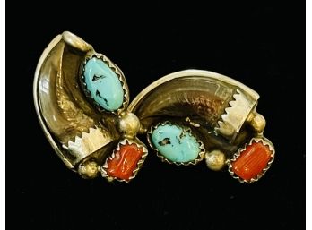 Old Pawn Sterling Silver Earrings With Turquoise, Coral And Bear Claw