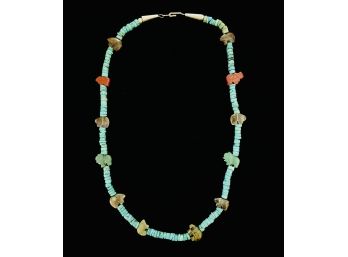 Vintage Carved Multi-stone Fetish Necklace Featuring Bears And Buffalo With Turquoise Heishi Beads