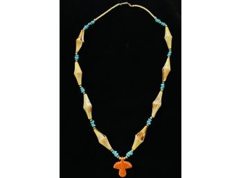 Turquoise And Shell Necklace With Orange Spiny Oyster Pendant With Sterling Silver Clasp
