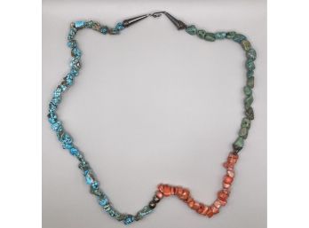 Raw Orange Spiny Oyster, Green And Blue Turquoise Gradient Necklace With Sterling Silver Clasp