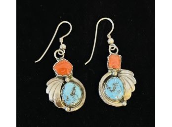 Navajo Turquoise And Coral Sterling Silver Drop Earrings