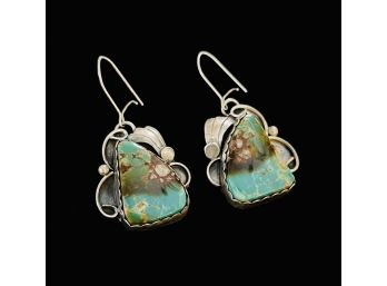 Navajo Pat Platero Signed Sterling Silver And Turquoise Drop Earrings
