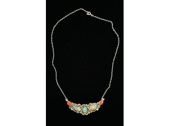 Navajo Turquoise And Coral Sterling Silver Necklace