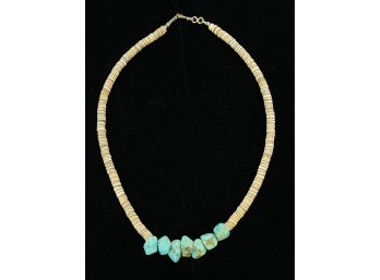 Raw Turquoise And Seashell Heishi Beads Necklace