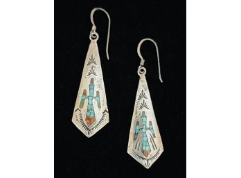 Turquoise And Coral Chip Inlay Sterling Silver Drop Earrings