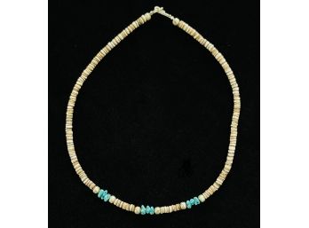 Raw Turquoise Chip, Seashell Heishi Beads Necklace With Sterling Silver Clasp