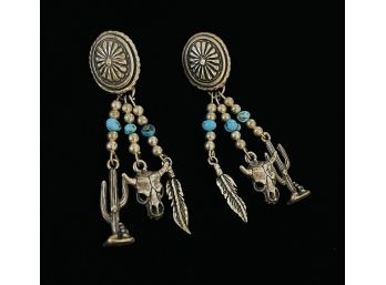 Sterling Concho Drop Earrings With Turquoise And Southwestern Themed Charms