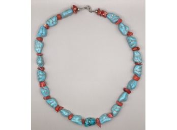 Raw Turquoise And Coral Necklace With Sterling Silver Clasp