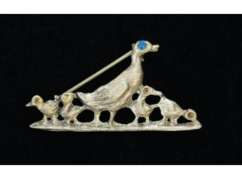 1930s Era Sterling Silver Mother And Ducklings Pin With Stone Or Glass Eyes