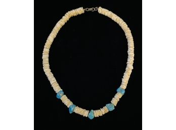 Seashell Heishi Bead Necklace With Raw Tuquoise Accent Beads