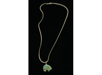 Sterling Silver Chain Necklace With Raw Turquoise Bear Pendant