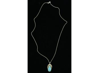 Old Pawn Sterling And Turquoise Teardrop Pendant. 'F.C' Signed With .925 Sterling Silver Chain (made In Italy)