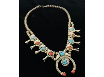 Sterling Silver, Coral & Turquoise Squash Blossom Necklace Signed LE