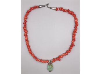 Raw Coral Necklace With Turquoise Pendant And Sterling Silver Clasp