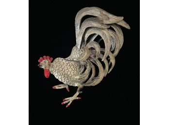 Brass Tone Rooster Brooch With Enameled Crest