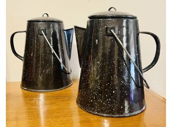 Pair Of Two Speckled Enamel Coffee Pots