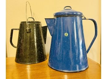 Pair Of Two Enamel Coffee Makers Including Porcelain Enamel 12 Cup Percolator