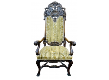 Gorgeous Antique Heavily Carved Throne Chair With Shell Detailing And Tapestry Brocade Upholstery