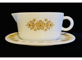 Vintage Pyrex Butterfly Gold Gravy Boat And Saucer
