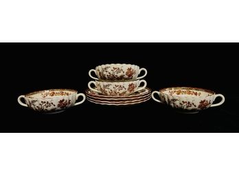 Set Of Four Gorgeous Antique Ironstone Double Handled Soup Bowls With Saucers