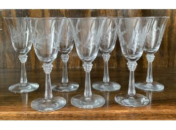 Set Of 7 Floral Etched Fluted Cordial Glasses