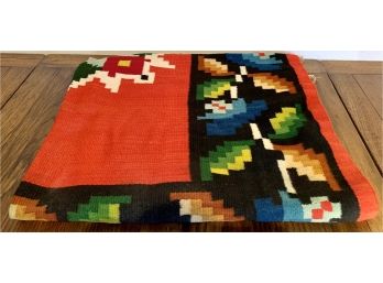 Beautiful Red And Multicolored Large Flat Woven Wool Killim Blanket With Cotton Fringe