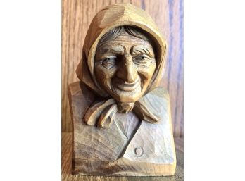 Hand Carved Wood Bust Of An Old Woman