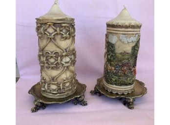 Two Decorative Hand Carved Candles With Matching Bases