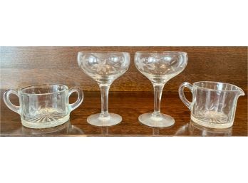 Set Of 4 Floral Etched Glass -- Incl. Cream And Sugar And Two Cordial Glasses