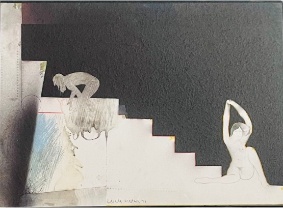 Original Mixed Media Staircase With Female Figures By Russell Keeter 1971