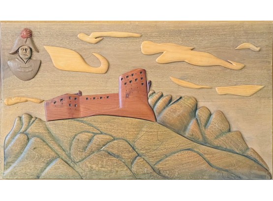 Hand Carved Wood Relief Of Town With Soldier