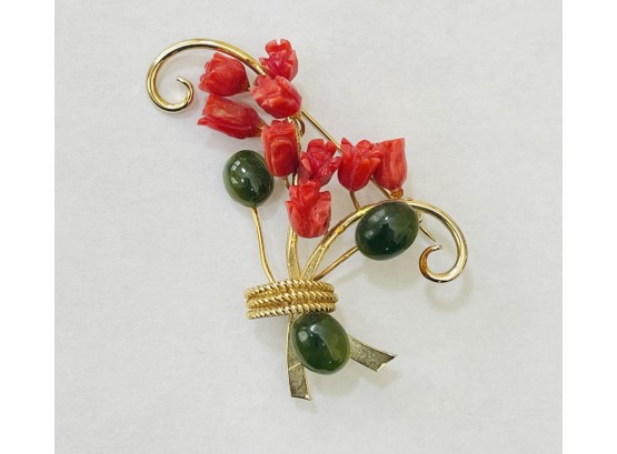 Bouquet Of Carved Coral Flowers & Jade Cabochon Brooch Pin