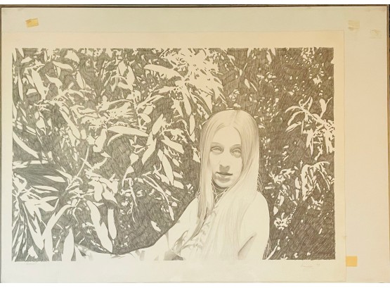 Pencil Etching Of Woman By Garden Wall By Rainey 1973